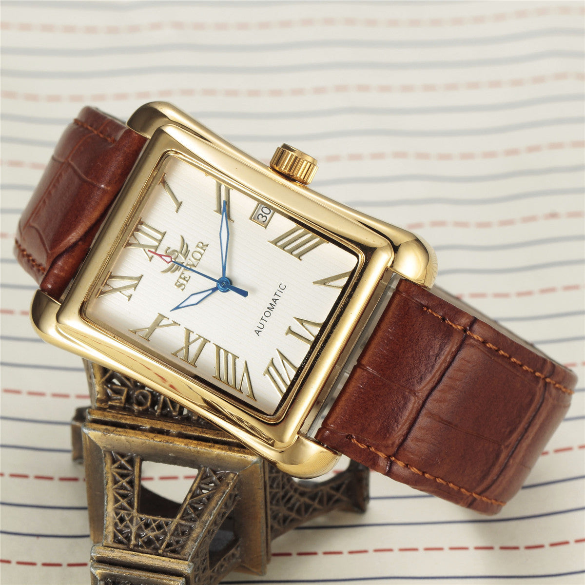 Mens Automatic Mechanical Square-case Leather-strapped Mens Watch Calendar Wristwatch