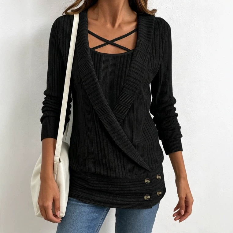 Womens Ribbed Long-sleeve Knit Undershirt With Crisscross Straps