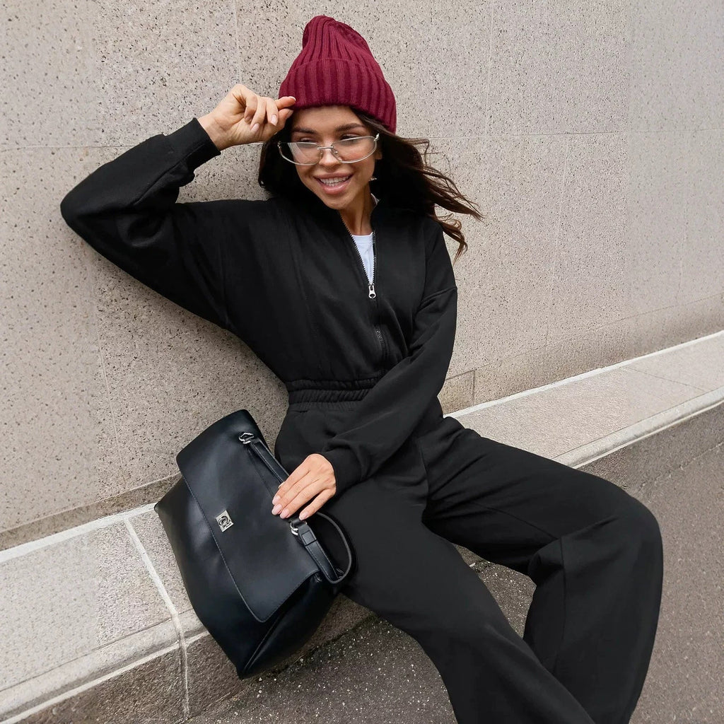 Women's Casual Long-sleeve Zip-up Collar Jumpsuit