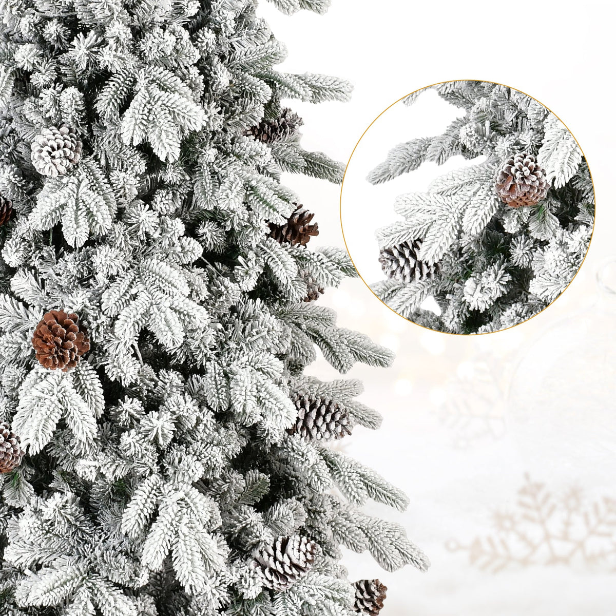 8 FT Flocked PE/PVC Christmas Tree with 44 Natural Pine Cones