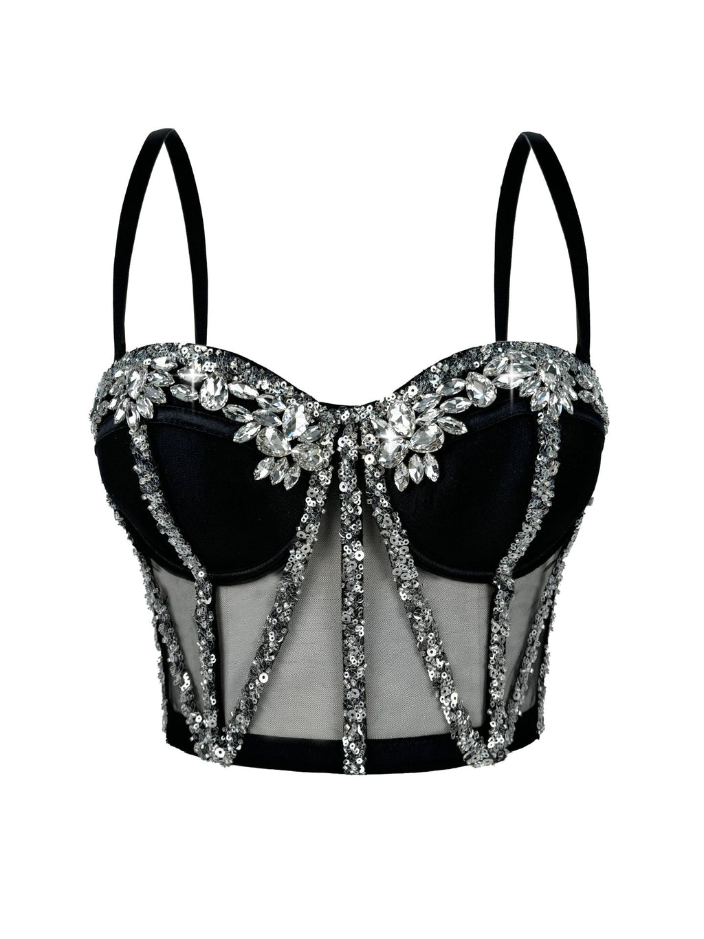 Cross-Border Rhinestone Mesh Fishbone Bra Semi-Transparent Sexy Slimming Suspender Tube Top Slimming  Diamond Fishbone Top Stage