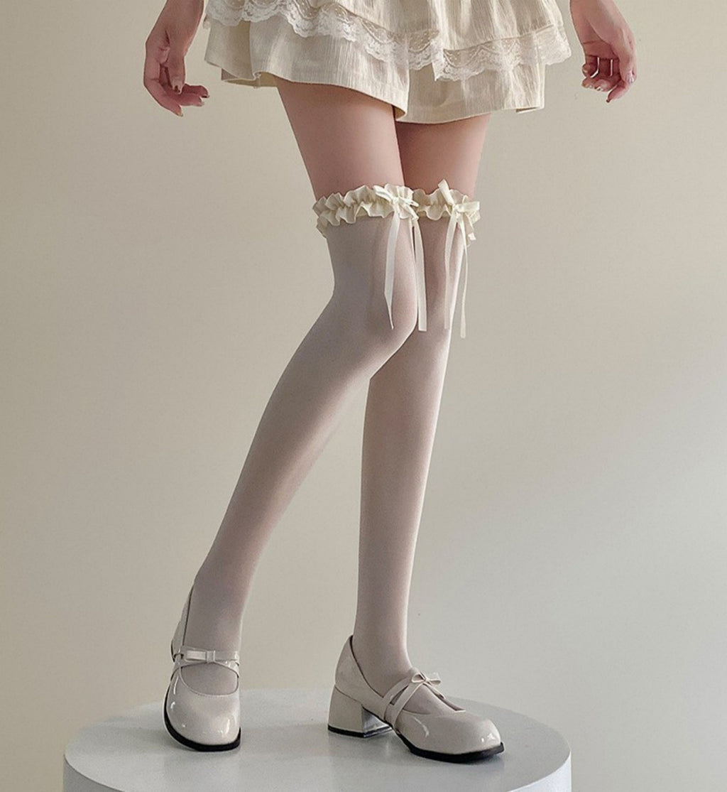 Lolita Lace-up Stockings For Women, Summer Thin Velvet Thigh Socks, Japanese Style Sweet Bowknot Jk Socks