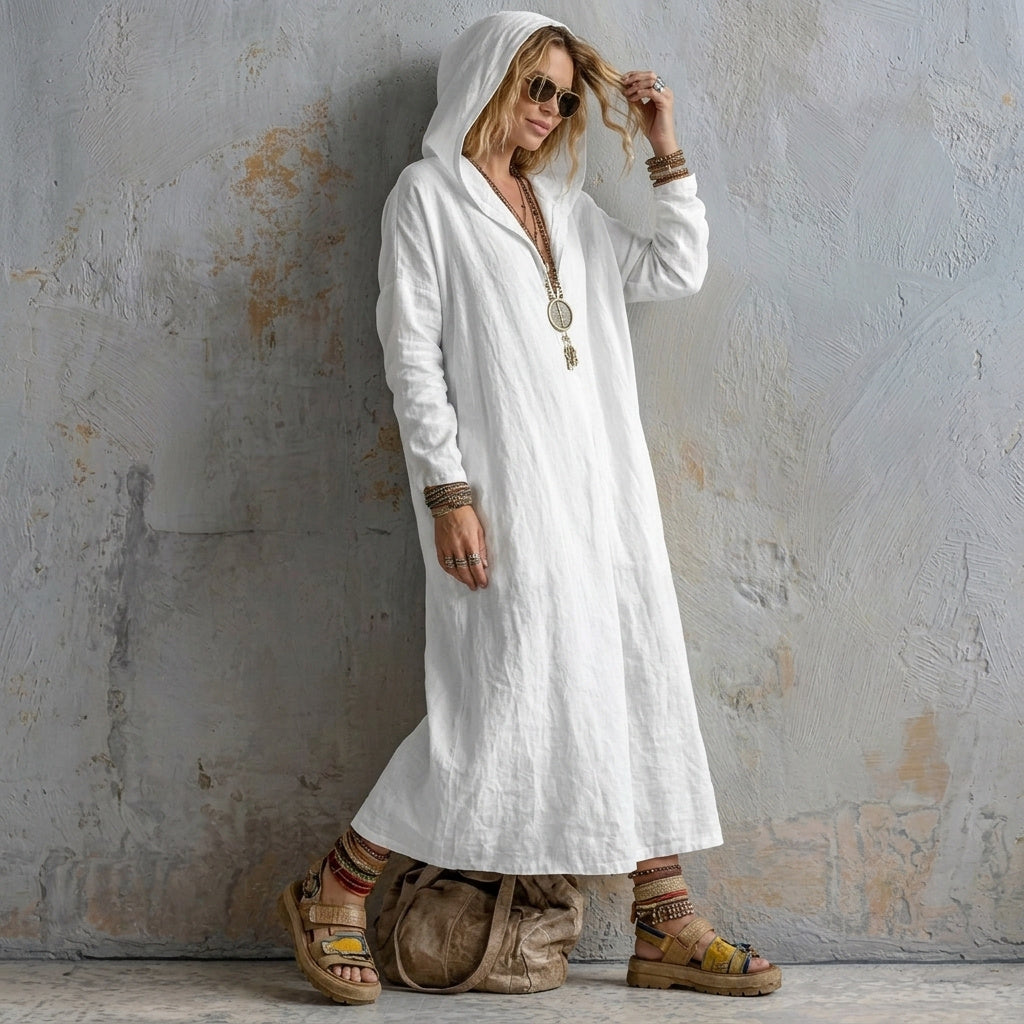 European And American Cross-border 2026 Autumn New Women's Dress, Loose Casual Style With Pockets, Long-sleeved V-neck Hooded Long Dress