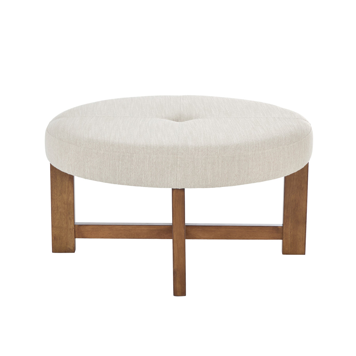 Beige Fabric Round Ottoman with Solid Wood Cross Base