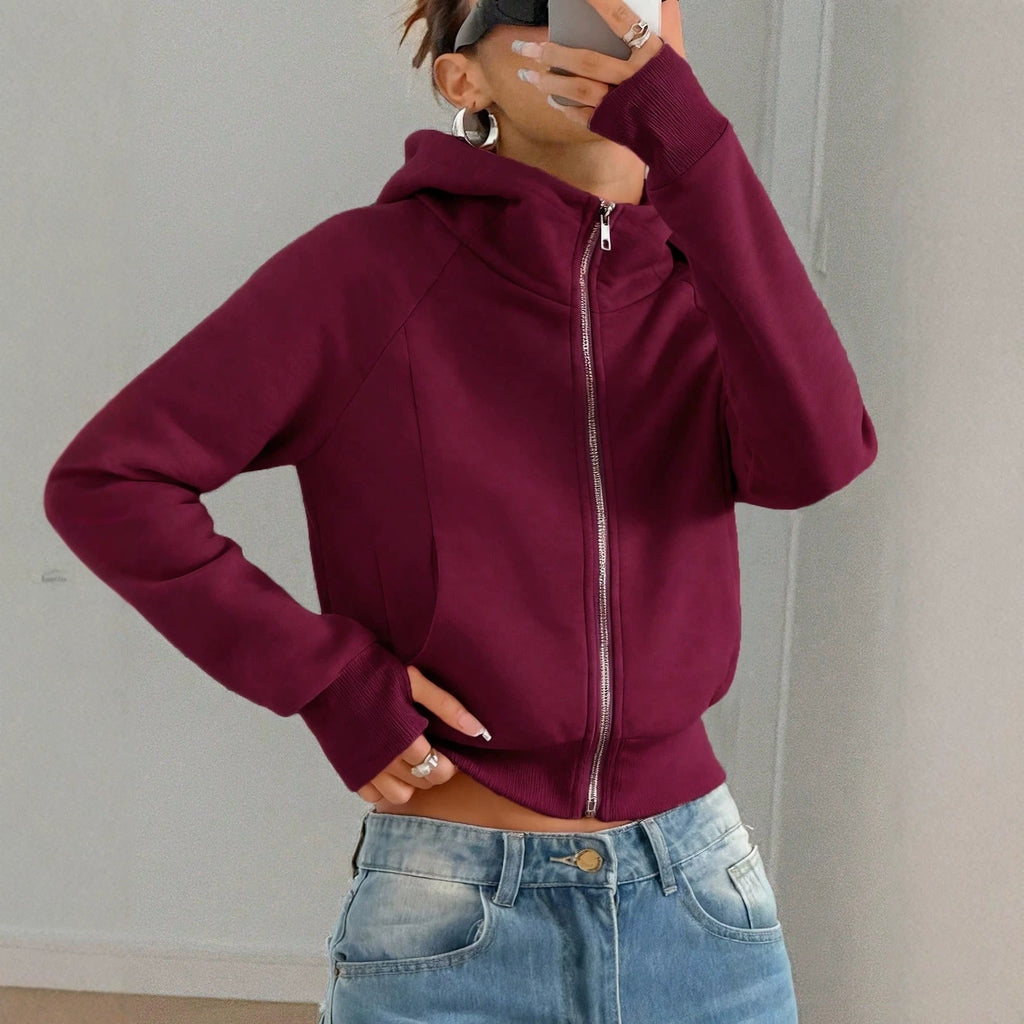 Solid-color Cropped Hooded Sweatshirt For Women
