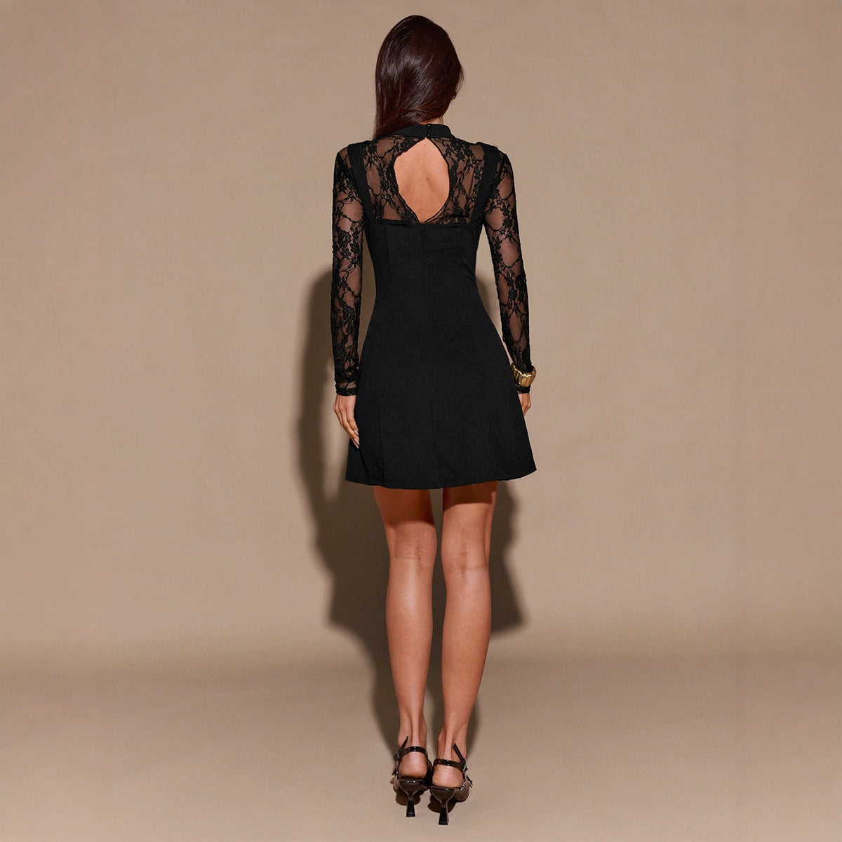 Lace-panel Dress With A Mock Neck And Long Sleeves