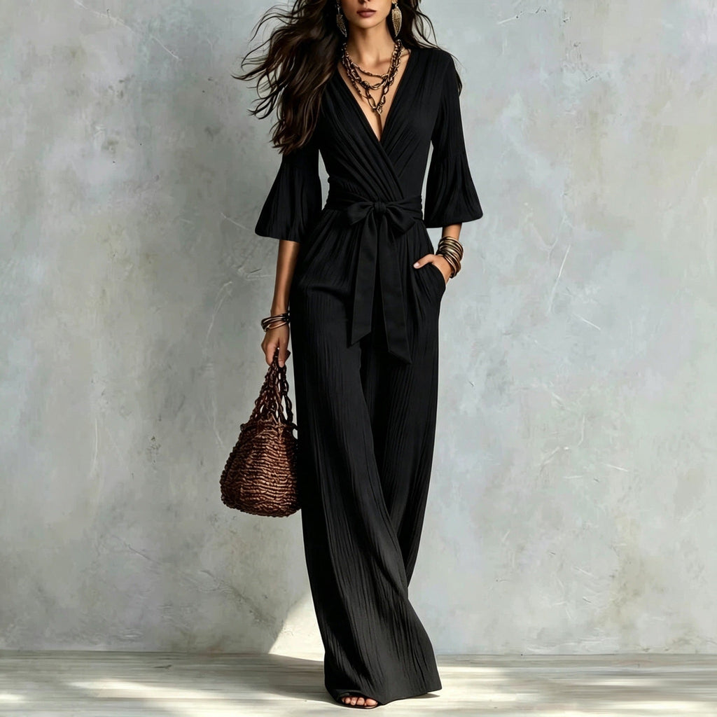 Deep V-neck Jumpsuit With Bubble Sleeves And Wide-leg Pants