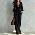 Deep V-neck Jumpsuit With Bubble Sleeves And Wide-leg Pants