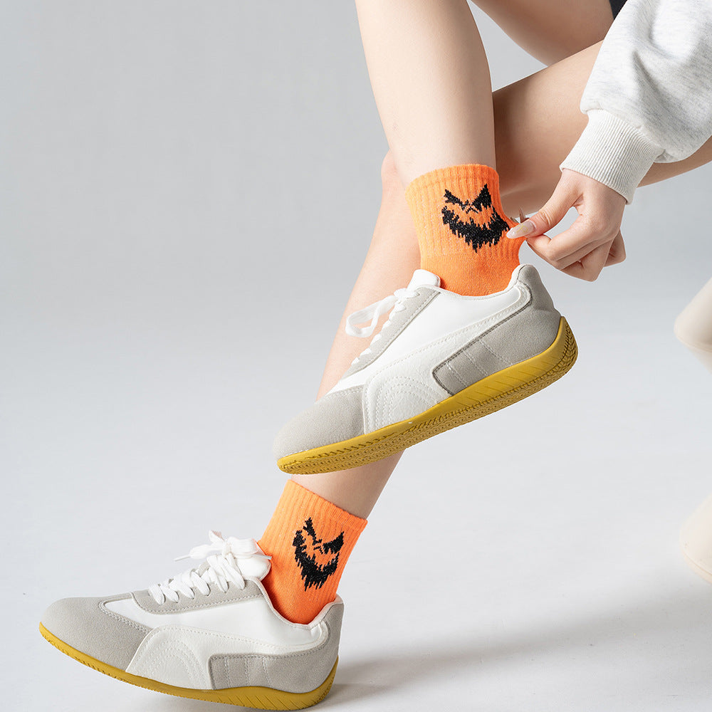 Cute Ghost Mid-Calf Halloween Socks With Pumpkin Print For Women