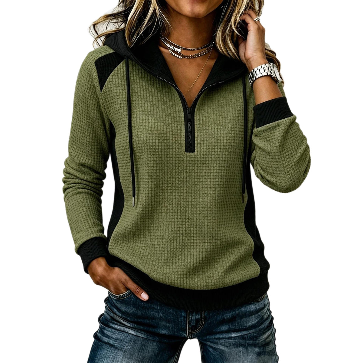 Women's Waffle-knit Half-zip Hooded Sweatshirt