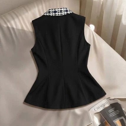 Black-and-white Houndstooth Contrast-color Lapel Blazer Vest