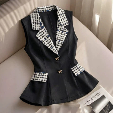 Black-and-white Houndstooth Contrast-color Lapel Blazer Vest