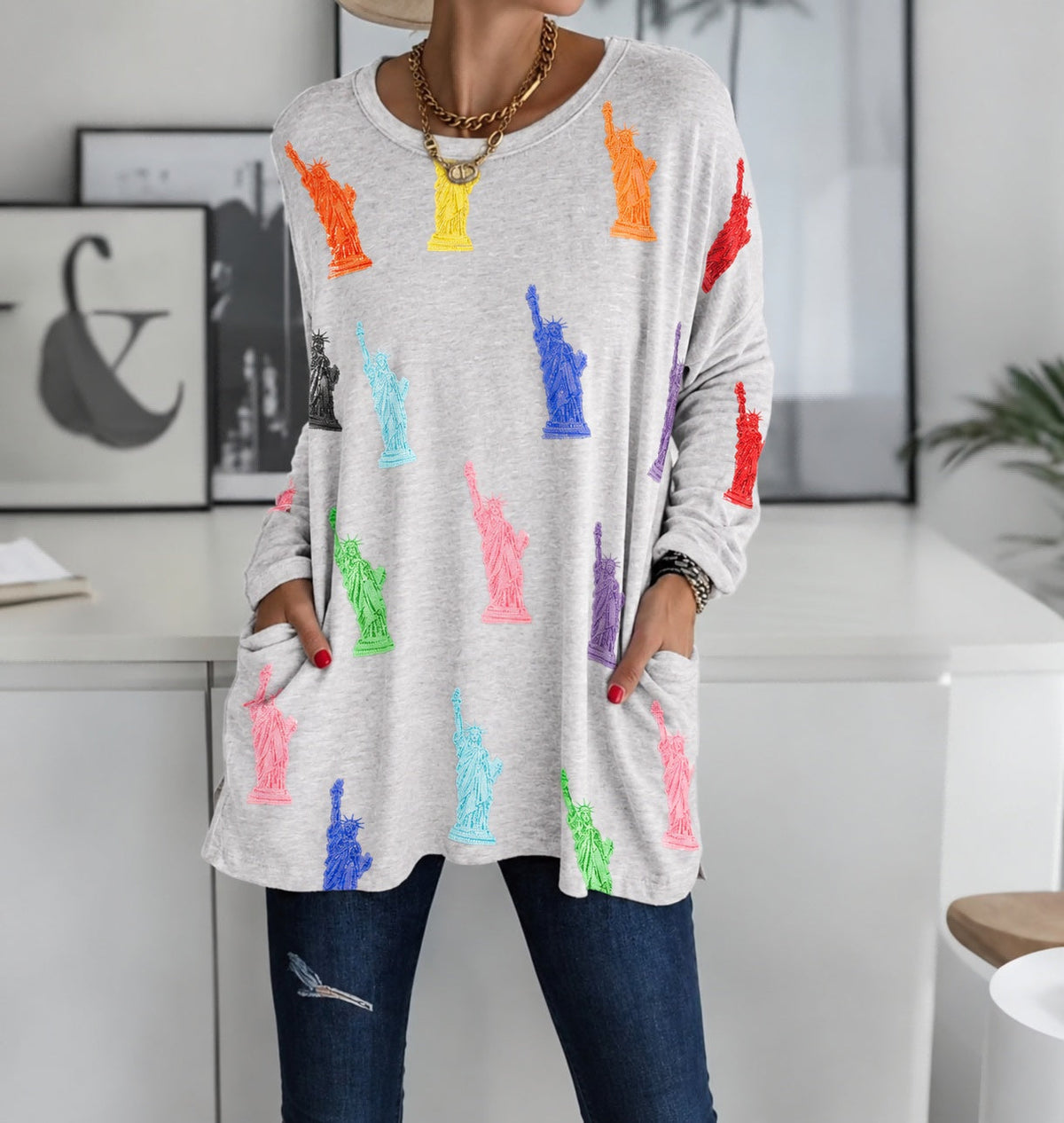 Women Colorful Statue-of-Liberty Print Long-Sleeve Tunic Top