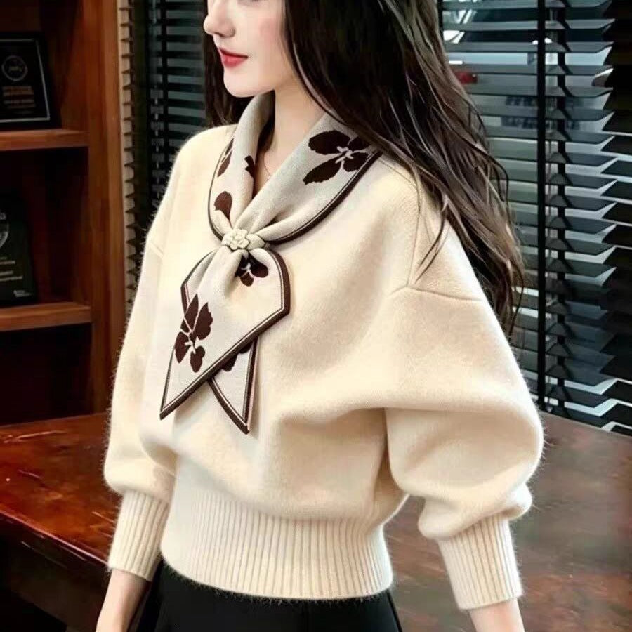 Bow-knot Collar Warm Knitted Sweater For Women