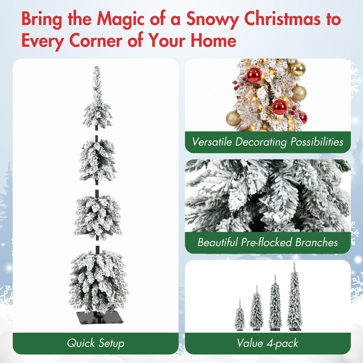 4 Pack Pre-Flocked Pencil Christmas Trees