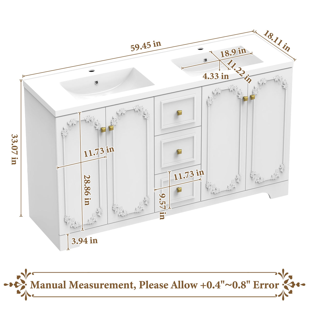 60" White French Bathroom Vanity