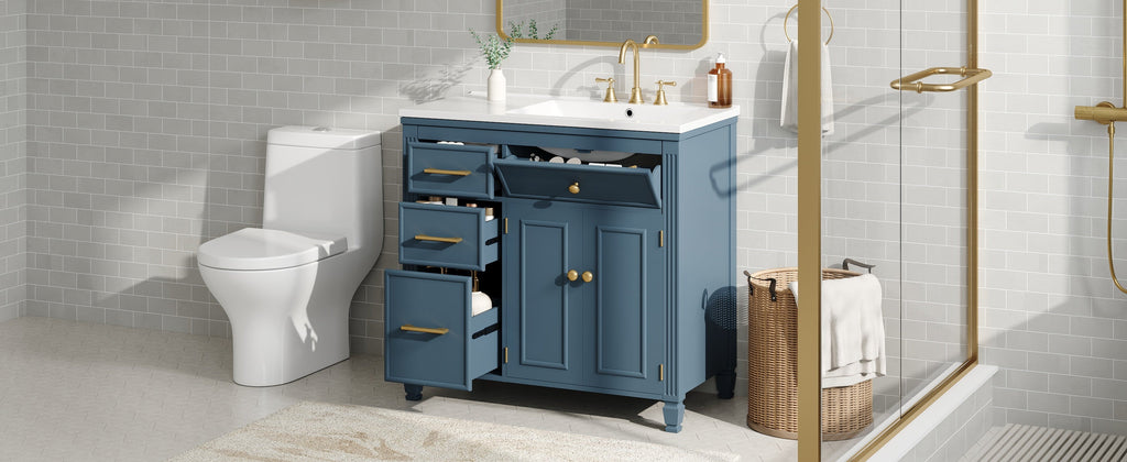 36" Bathroom Vanity with Sink, Ceramic Sink, One Tip-out Drawer, 3 Side Drawers