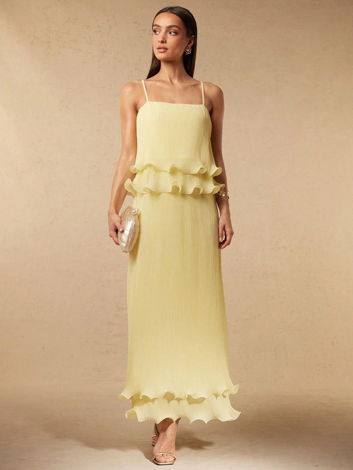 Pleated Yellow Strap Spliced Tiered Long Dress