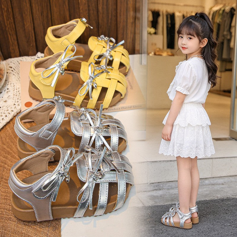 2026 Summer New Girls Sandals, Woven Style Sweet Bow Closed-Toe Sandals, Soft Sole Beach Shoes For Little Girls