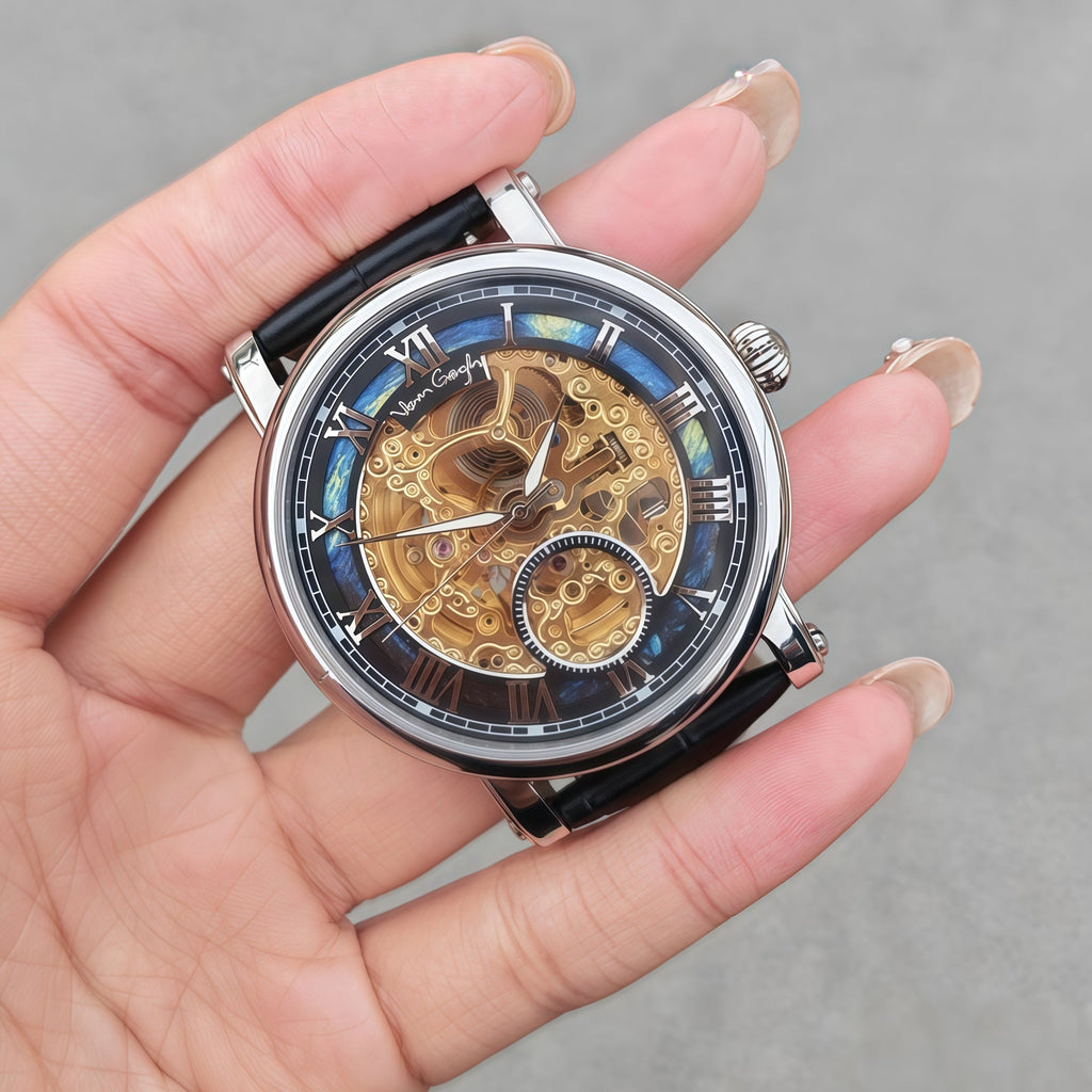 VAN GOGH Starry Night Series Blue Dial Skeleton Mechanical Movement Watch Daily Waterproof Starry Night