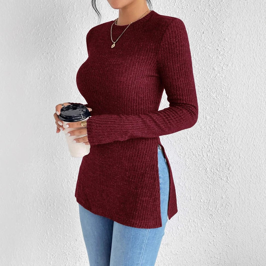 Slim Fit Sexy Women's Fall Winter New Arrival Solid Color Ribbed Brushed Knit T-Shirt With Round Neck And Ribbed Hem