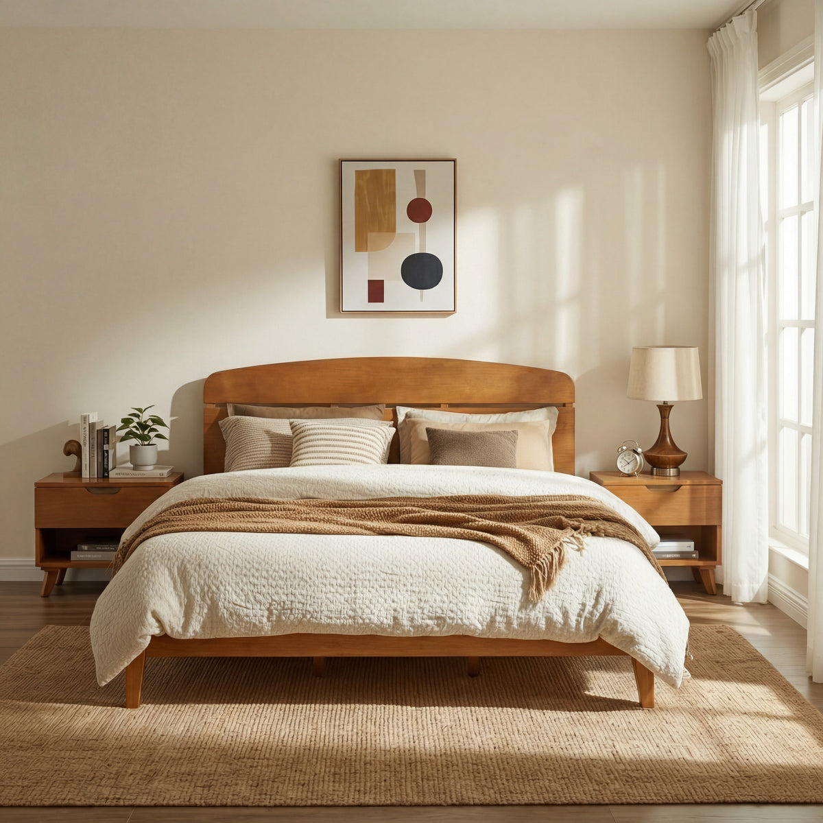 King Size Solid Wood Platform Bed with Curved Headboard