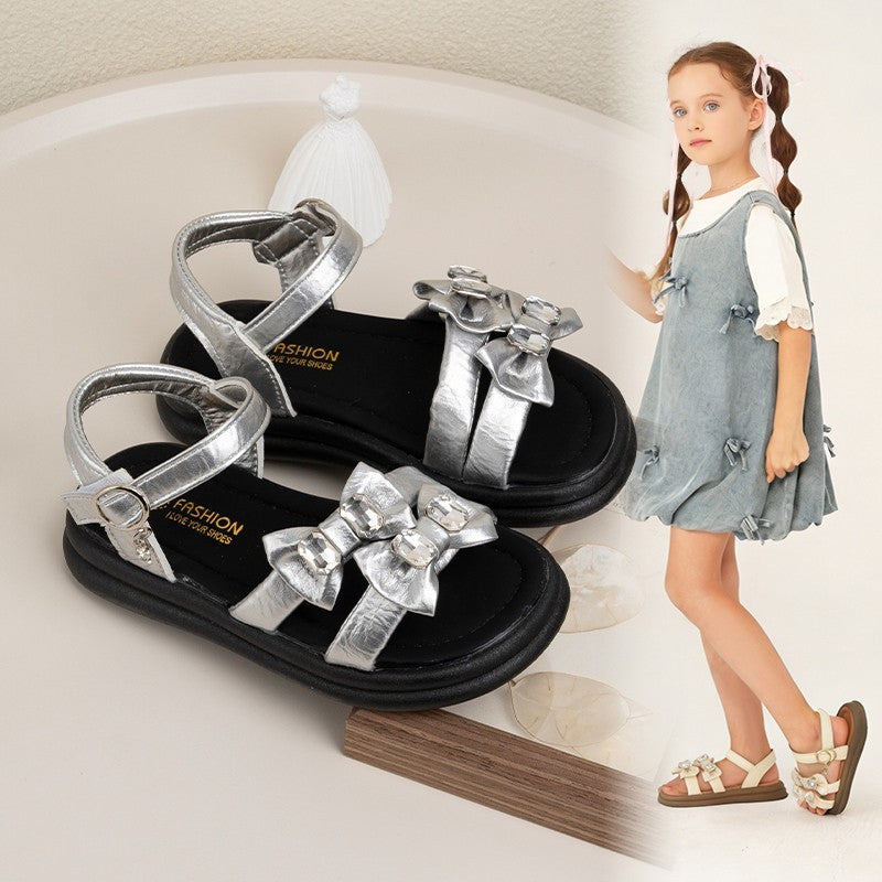 2026 Summer New Ins Fashion Girls Open-Toe Beach Sandals, Bow Decor Cool Princess Style Kids Sandals