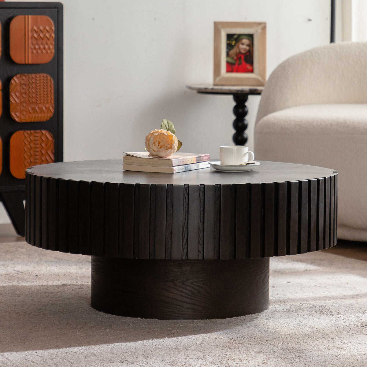 Round Coffee Table with Handcrafted Relief