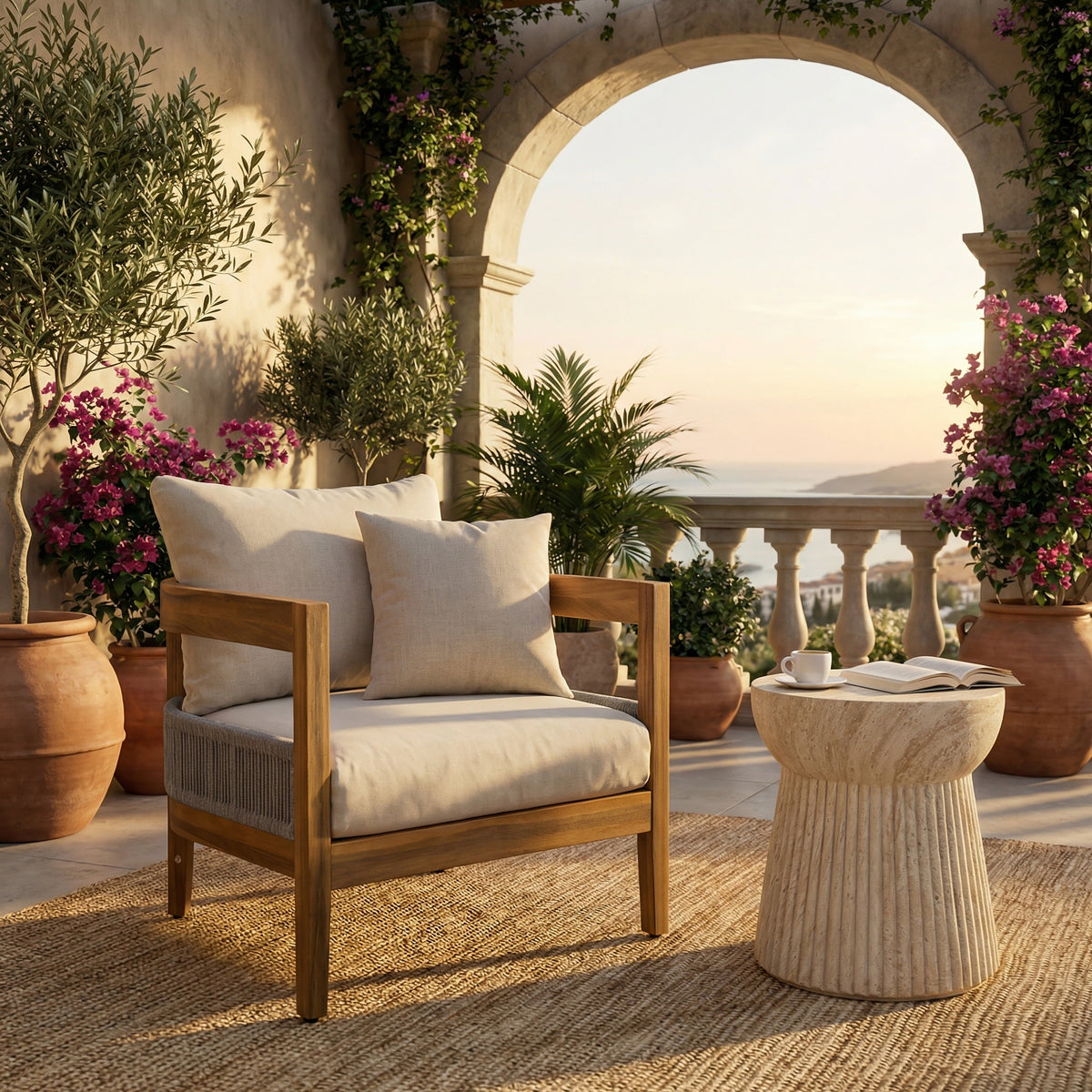 Porto Outdoor Club Chair And Concrete Travertine Side Table