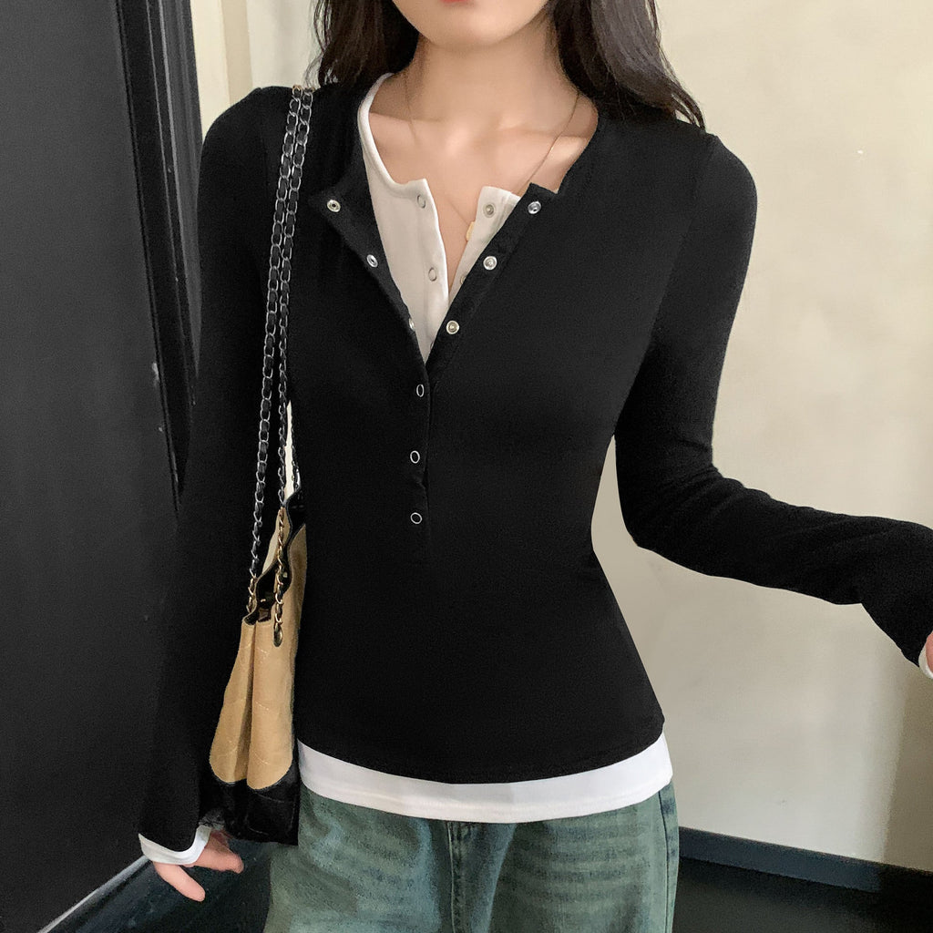 Color-block Faux Two-piece T-shirt Womens Long-sleeve Top