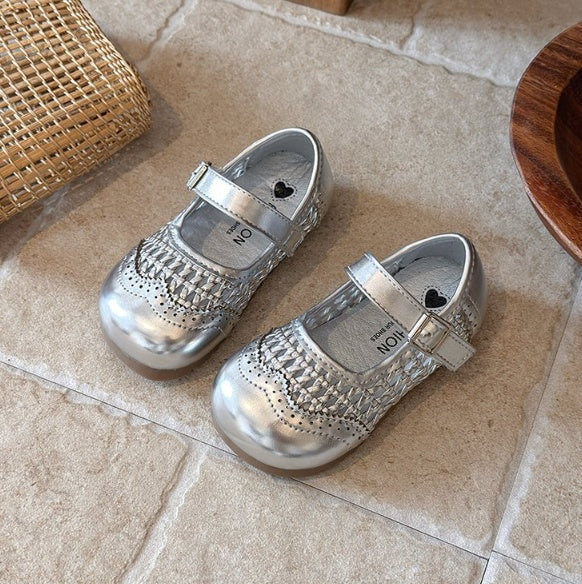 2026 Spring Summer New Korean Style Girls Hollow Out Leather Sandals, Woven Style Princess Shoes, Kids Soft Sole Breathable Versatile Flats