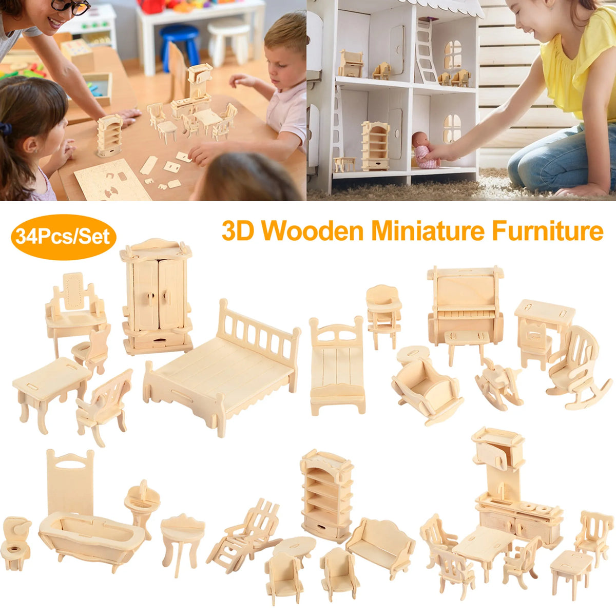 3D Wooden Dollhouse Furniture Puzzle Kit