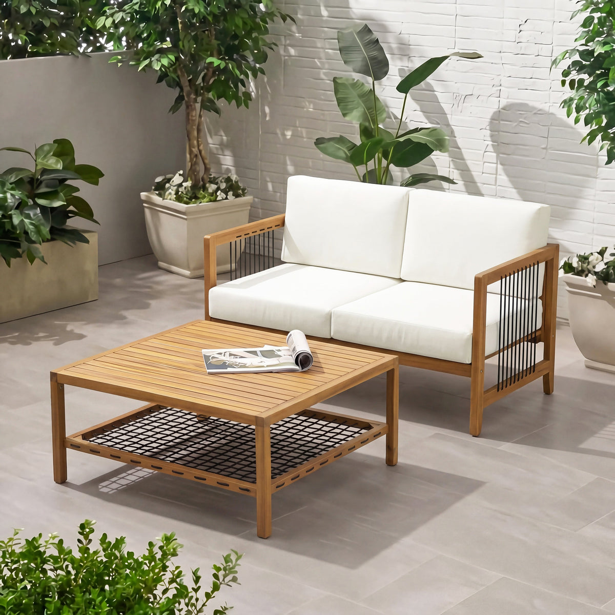 2-Piece Acacia Wood Outdoor Loveseat with Coffee Table