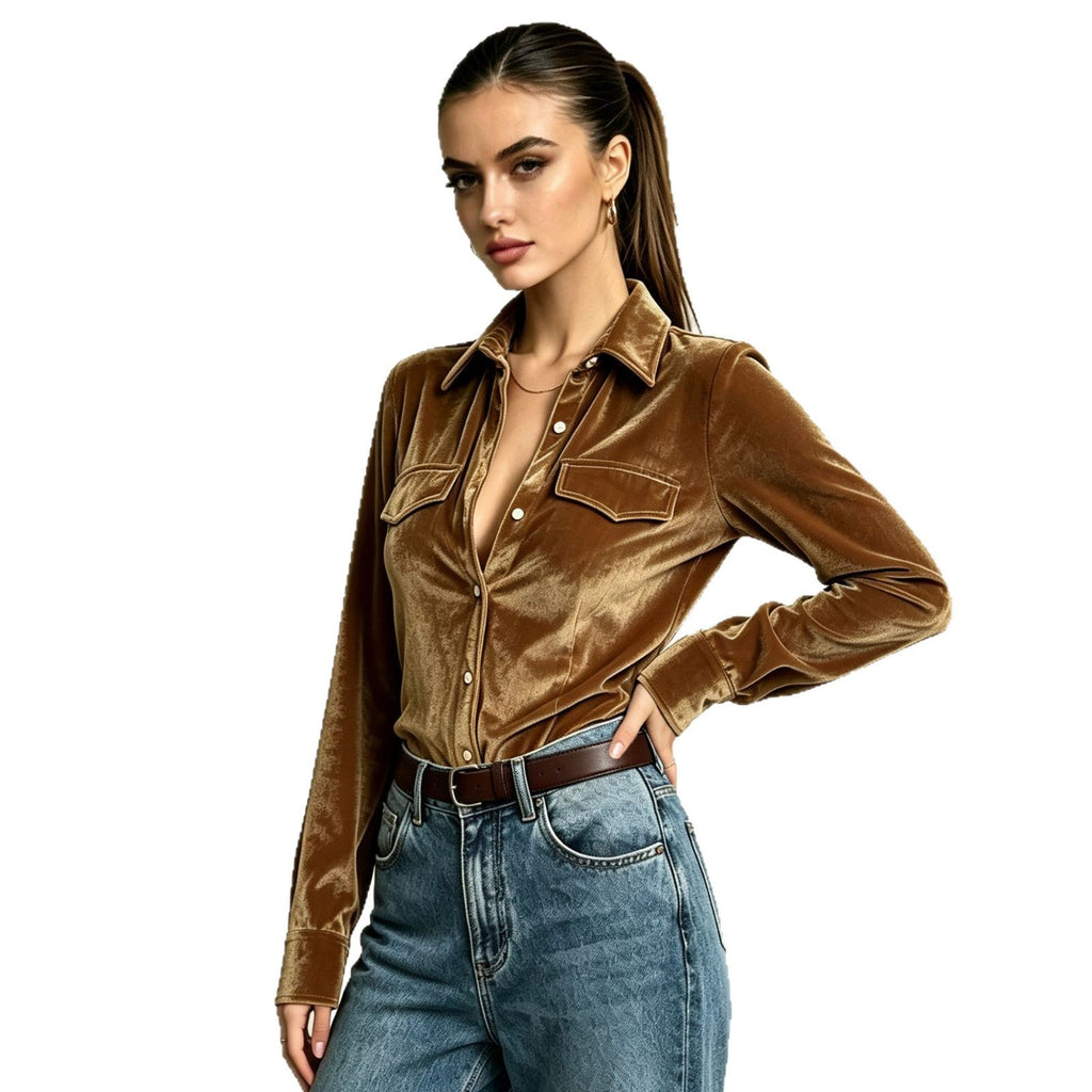 Autumn Holiday Pocket-Style Button-Up Shirt For Women Solid-Color Velvet Lapel Long-Sleeve Top