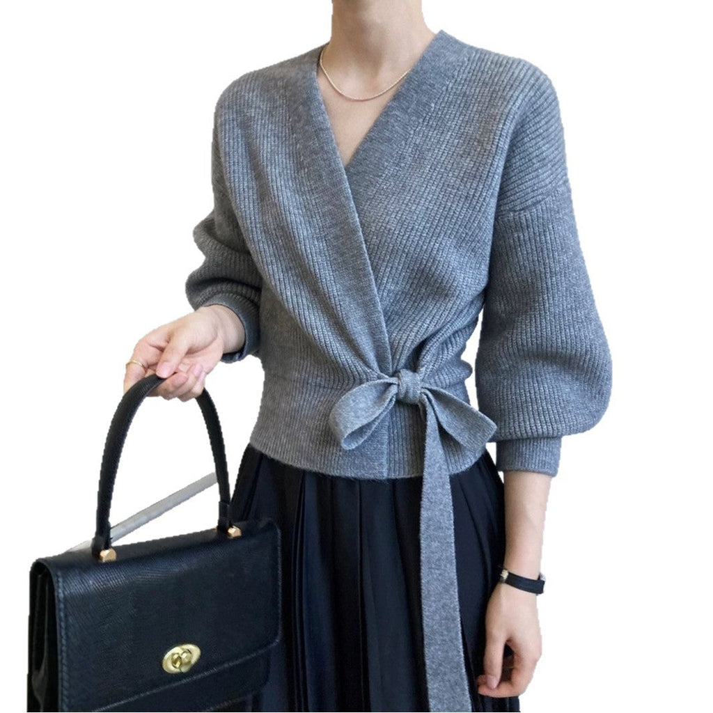 French-style Vintage Collar Lace-up Loose-fitting Knit Cardigan For Outerwear