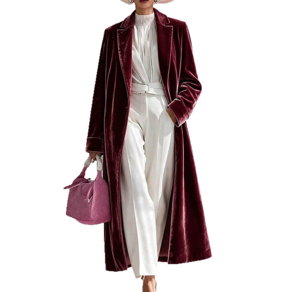 Womens V-neck Over-the-knee Velvet Coat