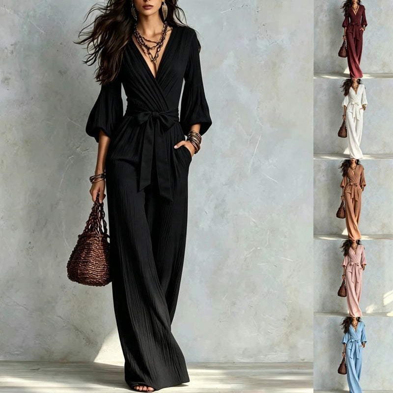 Deep V-neck Jumpsuit With Bubble Sleeves And Wide-leg Pants