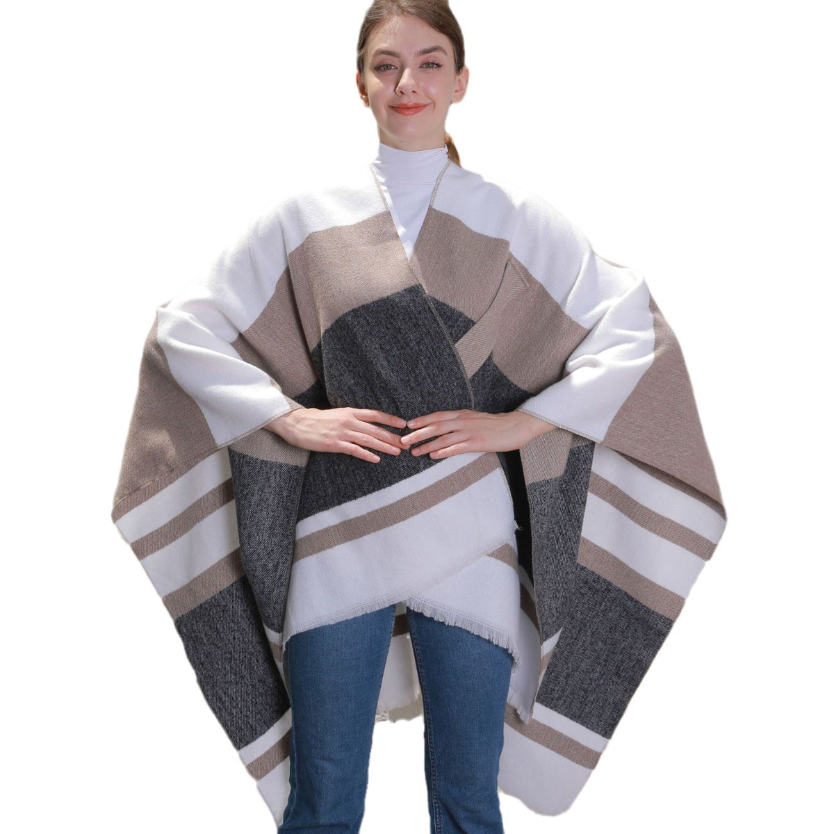 Womens Striped Tassel Cross-Strap Warm Cape Shawl