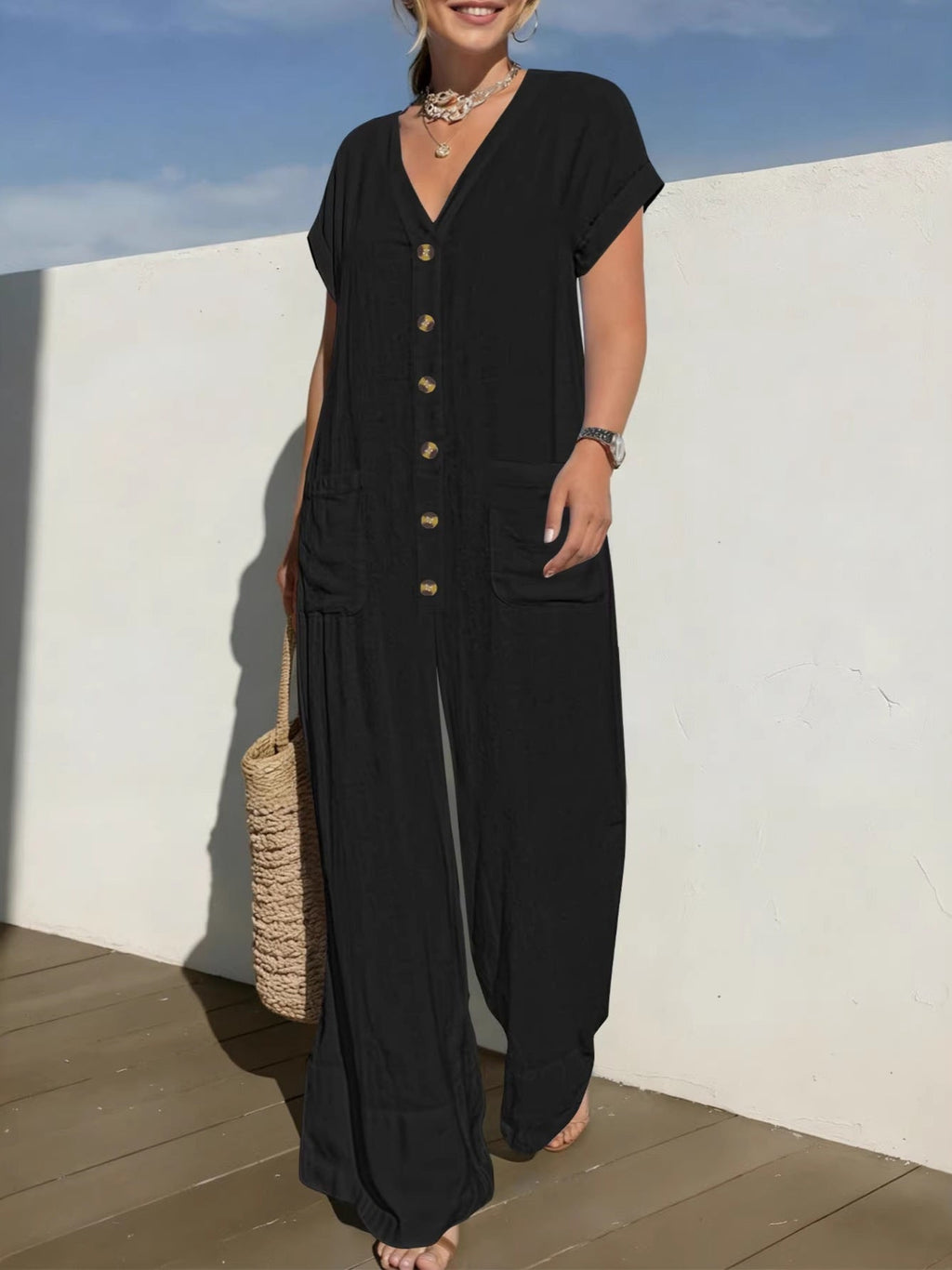 Men's Spring And Summer Overalls With Batwing Sleeves, Wide-leg Overalls, Casual Loose V-neck Buttoned Jumpsuit