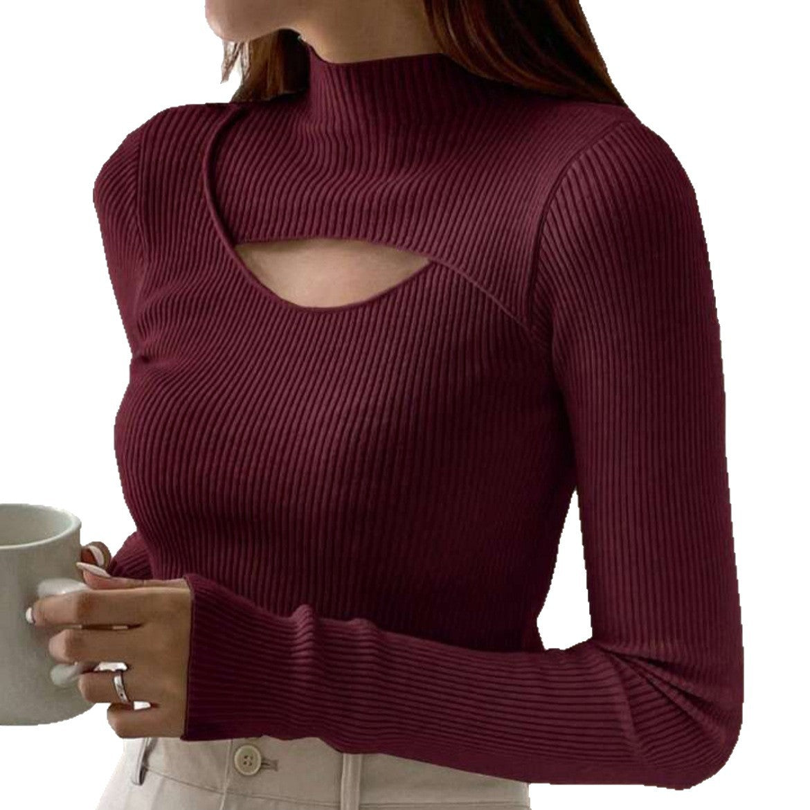 Women's Hollow-out Knit Sweater Mock Neck Sweater