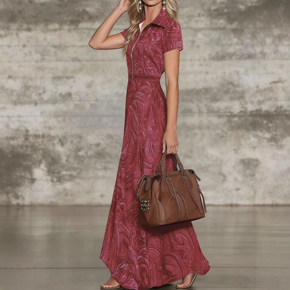 Ebay Amazon European And American Foreign Trade Retro Paisley Print Lapel Dress With Waist-Cinching A-Line Long Skirt For Women
