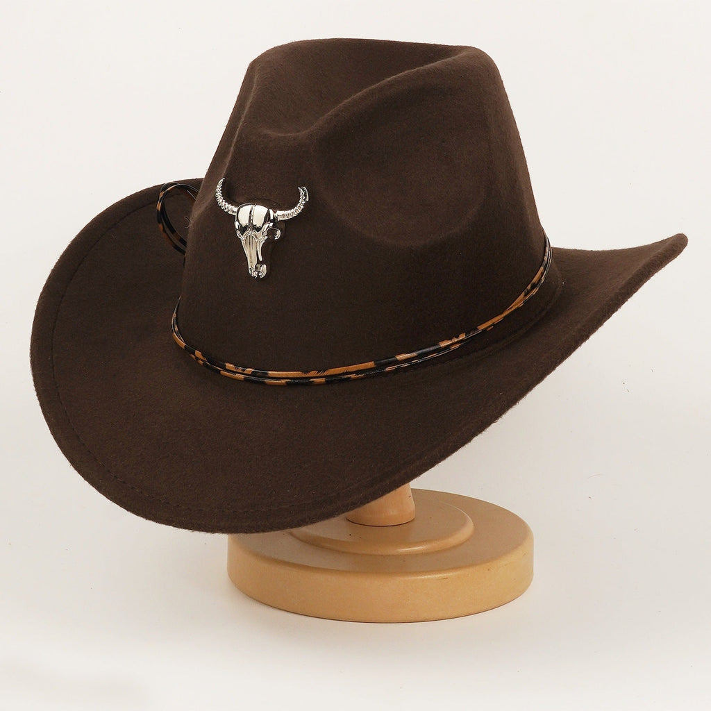 Western Cowboy Hat For Men And Women Metal Bull-Head Wool Cavalry Cap Top Hat