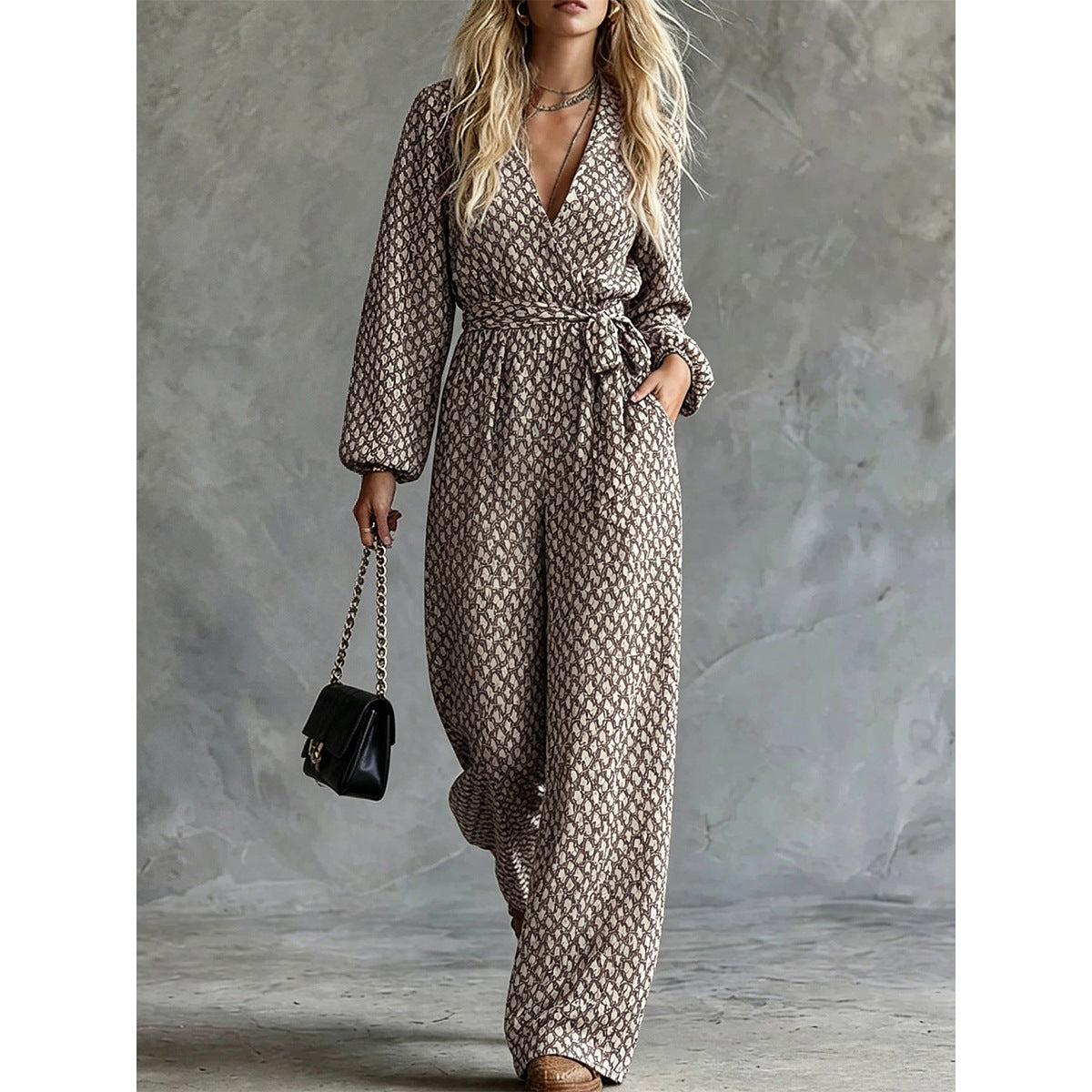 Womens Casual Belted V-neck One-piece Jumpsuit With A Fitted Waist
