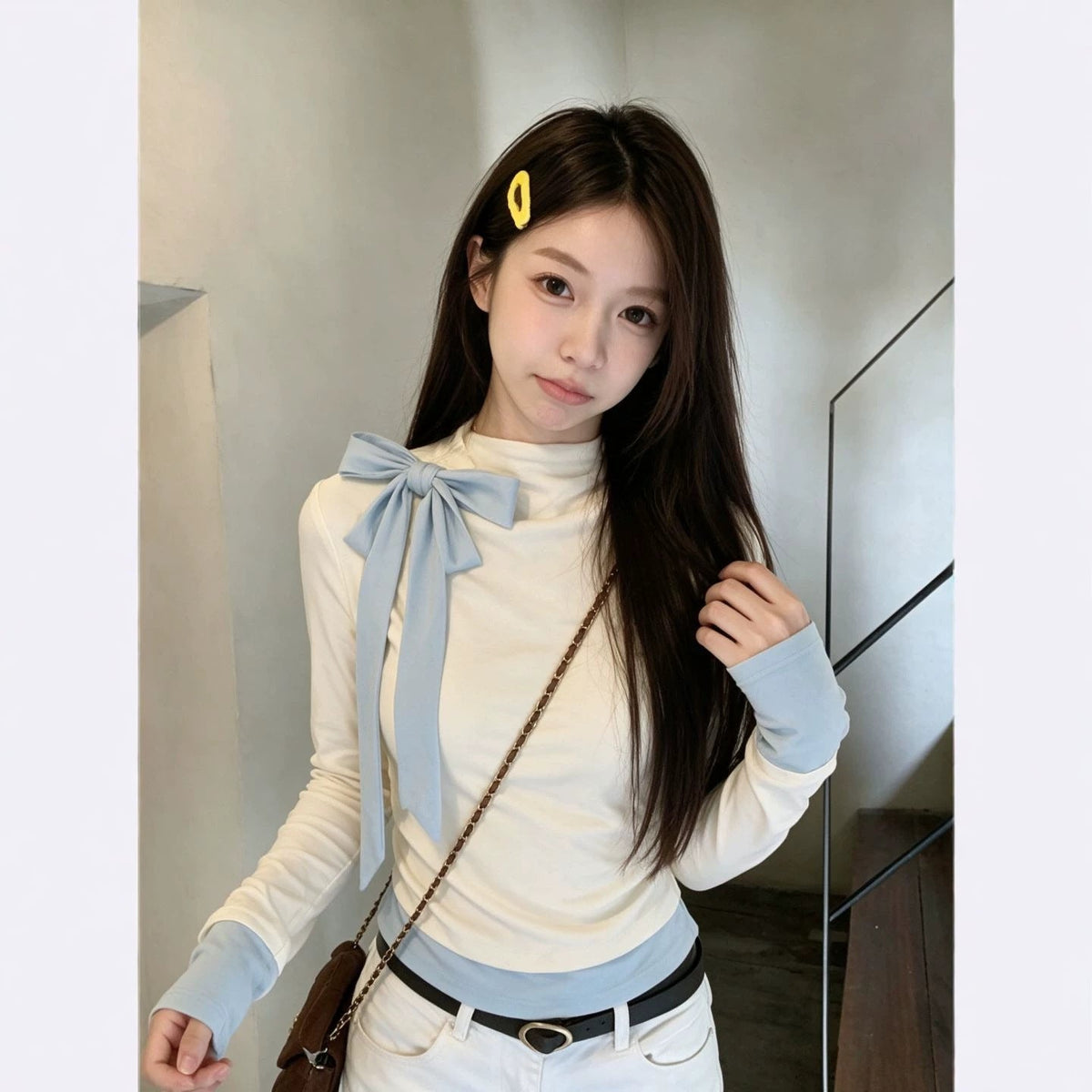Light Blue Long-sleeved Blouse With A Bow For Women