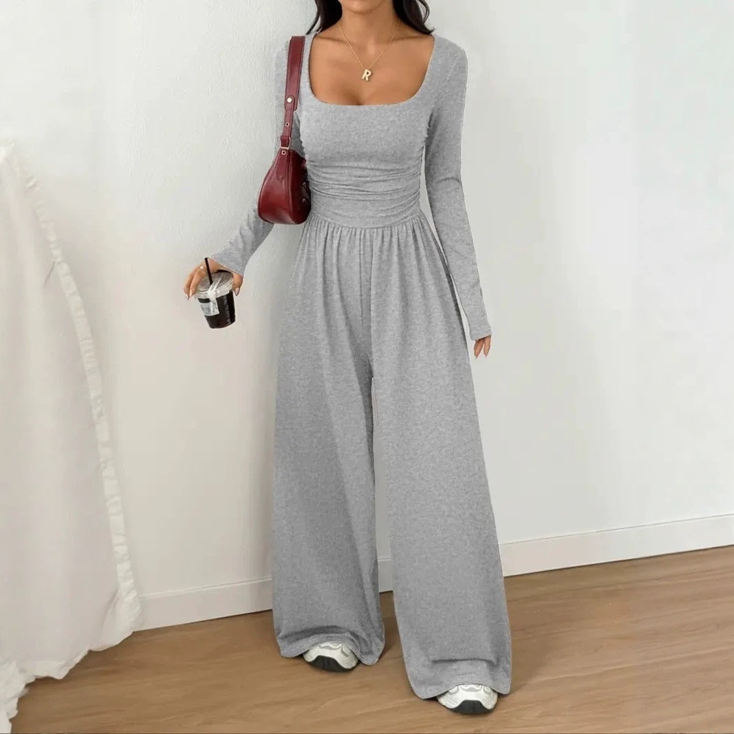 European And American Women's Clothing For Spring And Autumn, New Amazon Cross-border Women's Simple Style Solid Color Casual Long-sleeve Wide-leg Jumpsuit