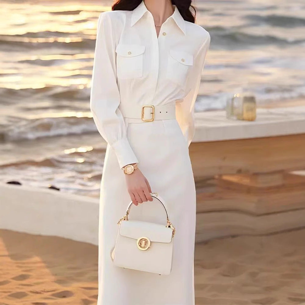 Spring French-style White Shirt Dress For Women