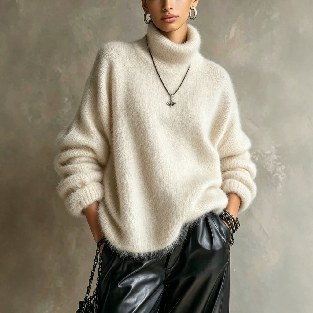 Womens Solid-color Loose-fitting Turtleneck Sweater In Soft Plush Knit