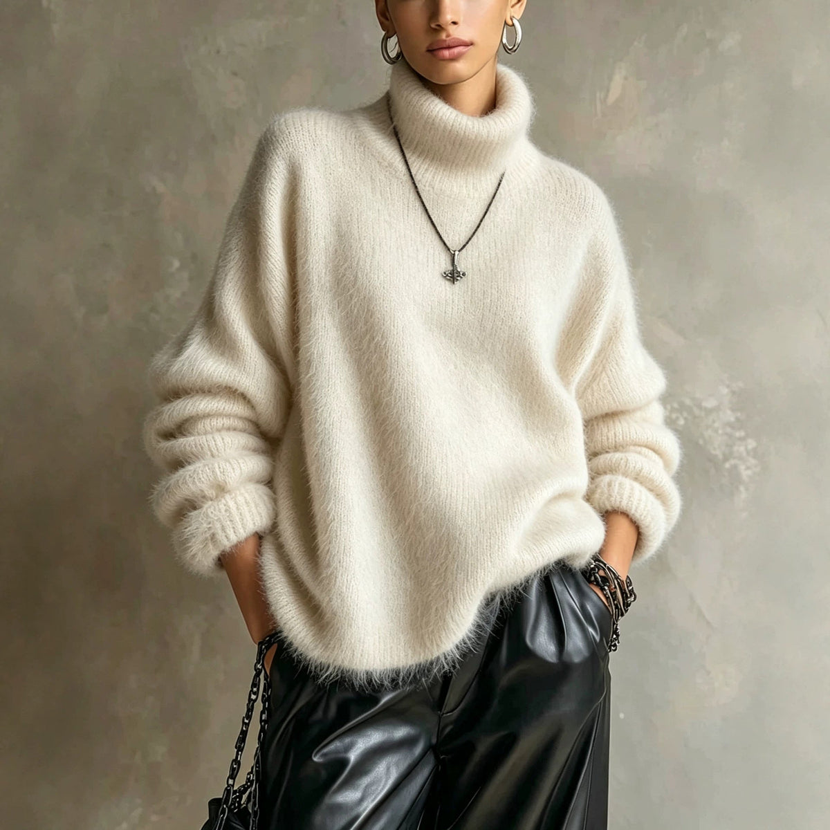 Womens Solid-color Loose-fitting Turtleneck Sweater In Soft Plush Knit