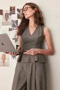 COCOA STRUCTURE BROWN V-NECK PEPLUM TOP