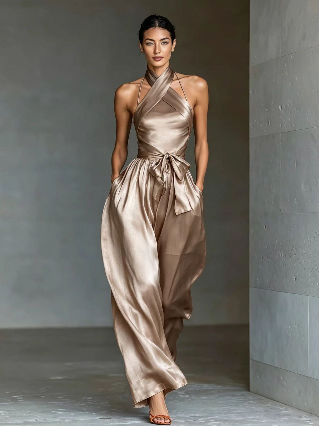 European And American Cross-border Women's Satin High-end Waist-cinching Slit Strap Solid Color Evening Dress Jumpsuit For Women